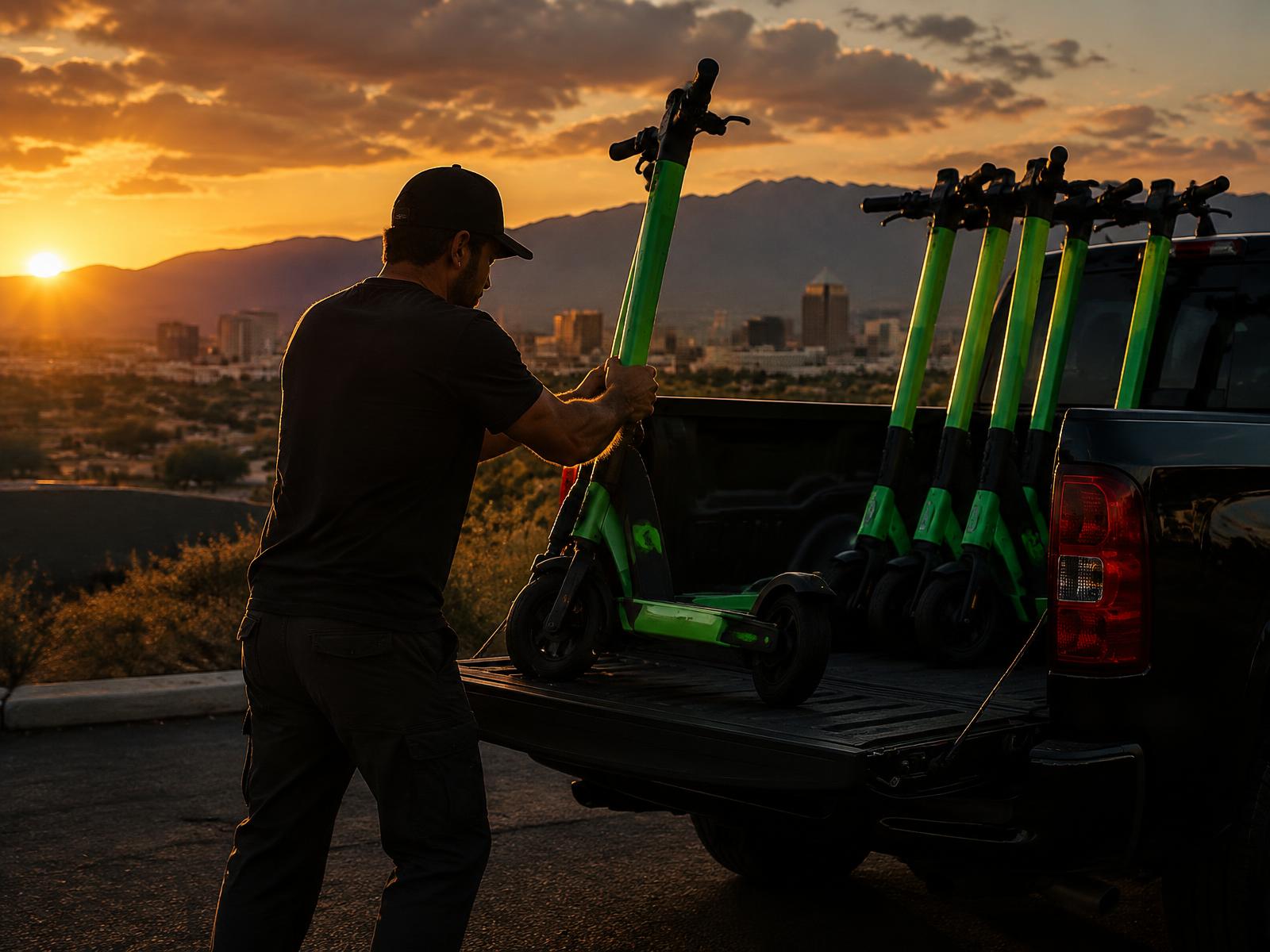 Independent contractor loading electric scooters into a pickup truck at sunset near Albuquerque